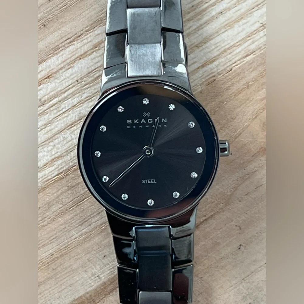 Skagen Steel Ladies Watch Black Dial Crystal Markers Black Stainless Bracelet